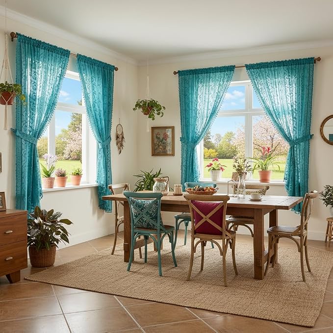 WAZZIO Boho Lace Curtains 2 Panels 63 Inch -Victorian Sheer Panel Drape French - Image 3