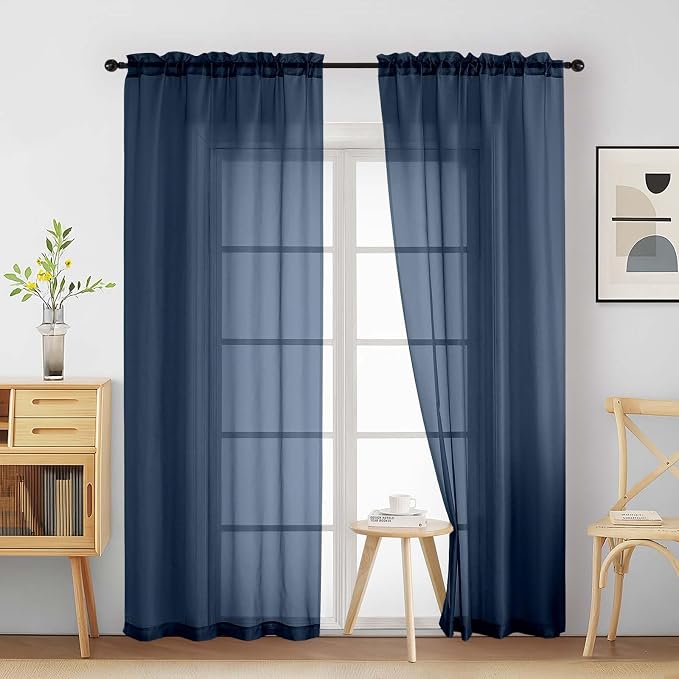 Navy Blue Sheer Curtains 84 Inches Long 2 Panels, Elegant Airy Transparent by Home