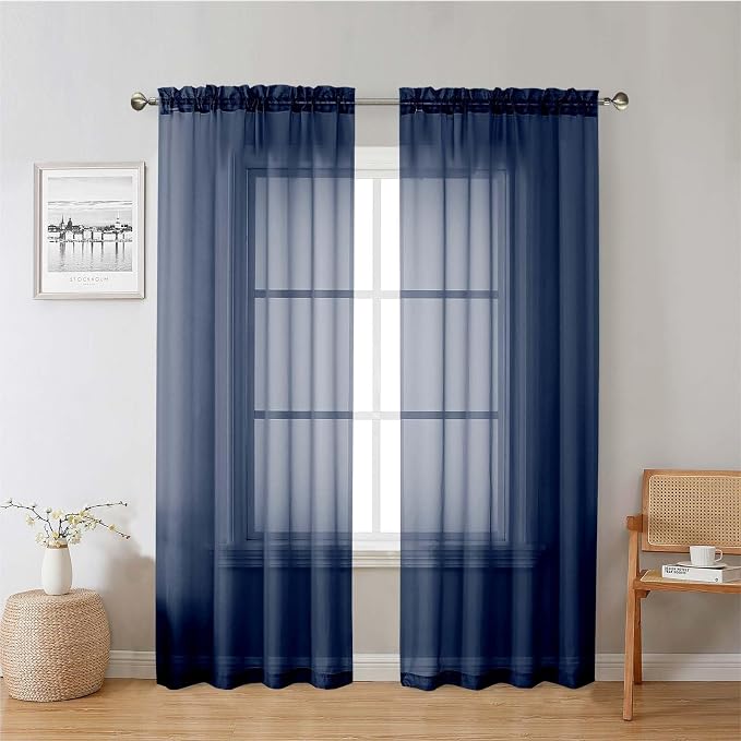 Lecloud Navy Blue Sheer Curtains 78 Inches Long 2 Panels, Light Filtering Voile by Lecloud