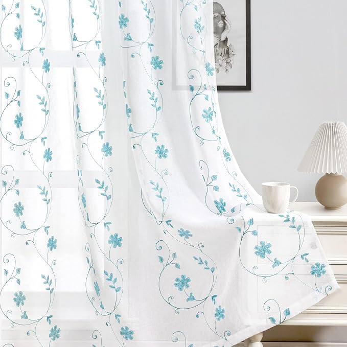 HOMEIDEAS White and Blue Embroidered Floral Sheer Curtains 84 Inches Long 2 - Image 4