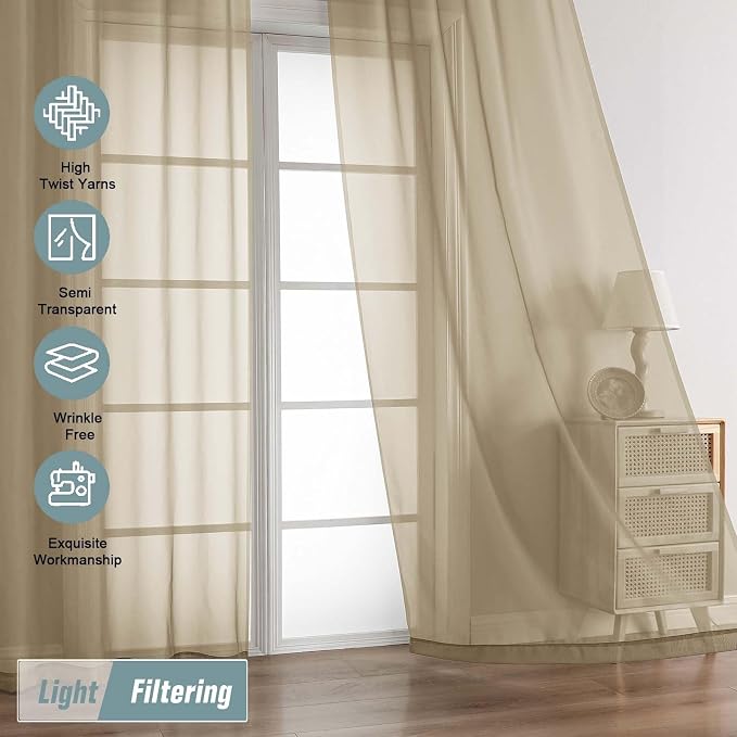 Taupe Sheer Curtains 84 Inches Long 2 Panels, Elegant Airy Transparent Light - Image 5