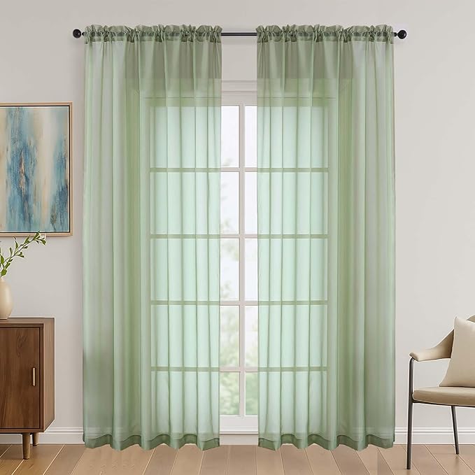 OVZME Sage Green Sheer Curtains 84 Inches Long 2 Panels Set, Light Filtering by OVZME