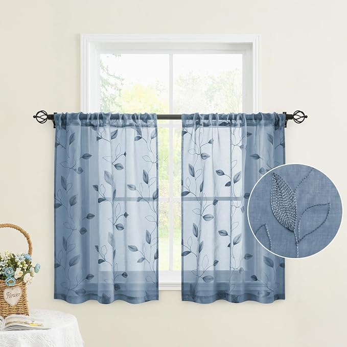 HOMEIDEAS Stone Blue Sheer Kitchen Curtains 30 X 36 Inch Length 2 Panels by HOMEIDEAS