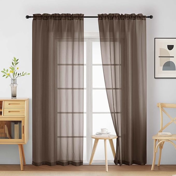 Chocolate Sheer Curtains 90 Inches Long 2 Panels, Light Filtering Solid Sheer by Home