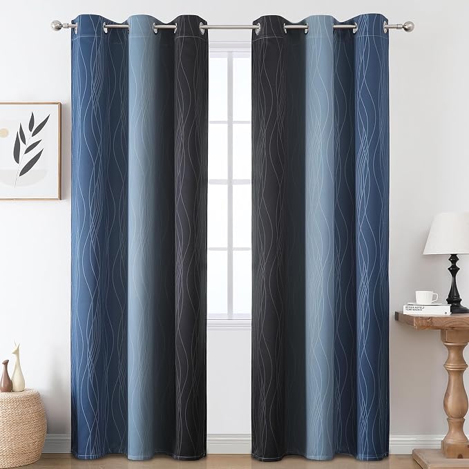 Estelar Textiler Navy Blue and Black Ombre Blackout Curtains 84 Inch Length 2 - Image 2