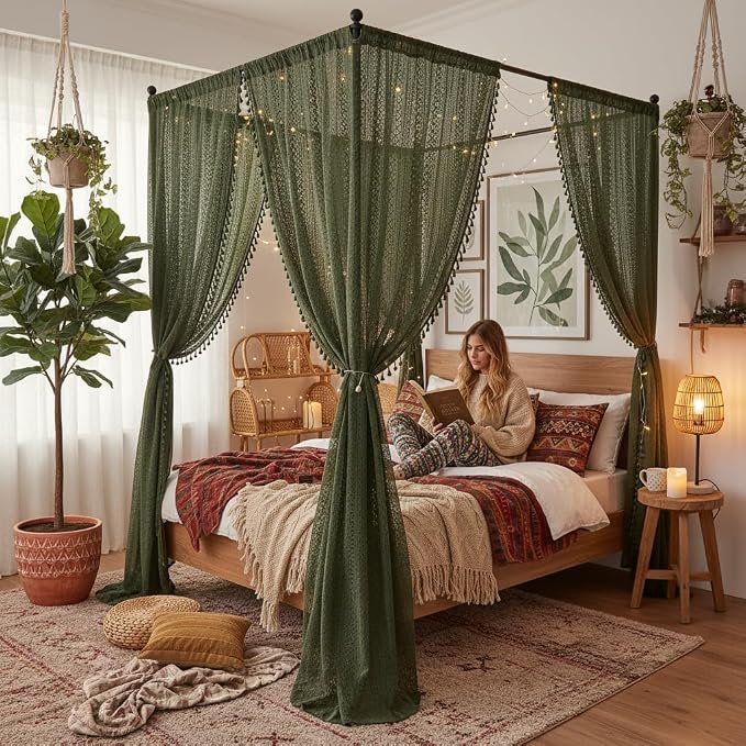 WAZZIO Boho Lace Curtains 84 Inches 2 Panel, Light Filtering Privacy Tassel & - Image 5