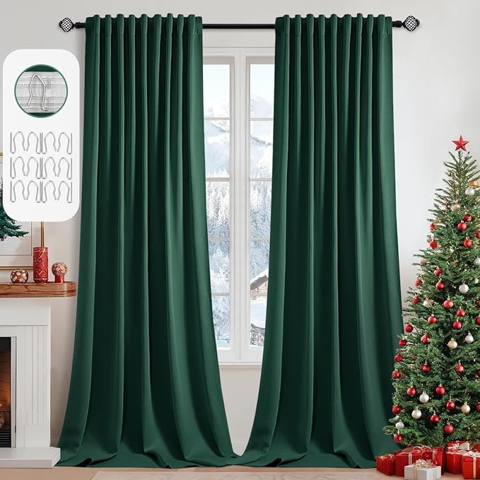 MIULEE Christmas Hunter Green Back Tab Blackout Curtains 102 Inch Long 2 Panels by MIULEE