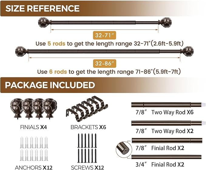 KAMANINA 2 Pack Curtain Rods for Windows 48 to 84 Inch, Antique Bronze Heavy - Image 9