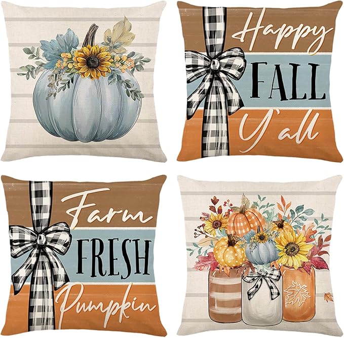 Fall Decorations for Home, Fall Pillow Covers 18 x 18 Inch Set of 4, Hello by ONFAON