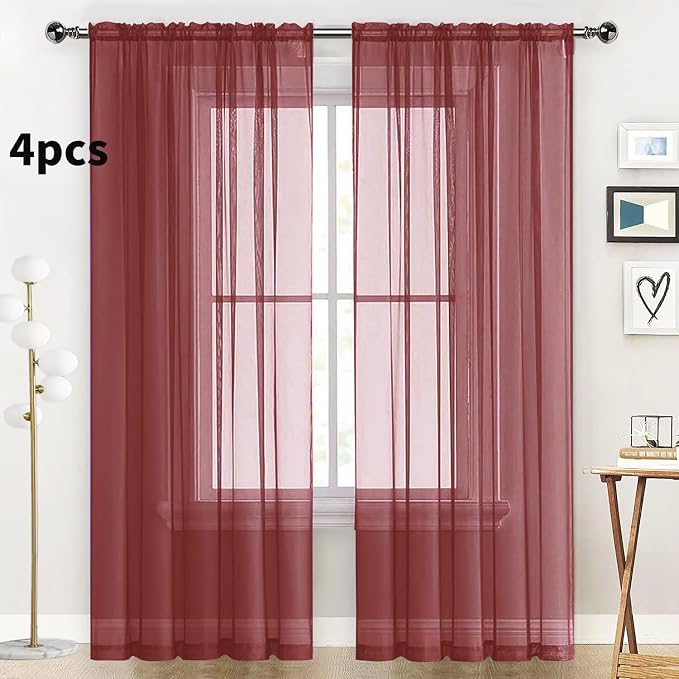 SpaceDresser Burgundy Sheer Curtains 4 Panels Rod Pocket Semi-Sheer Curtain 63 - Image 2