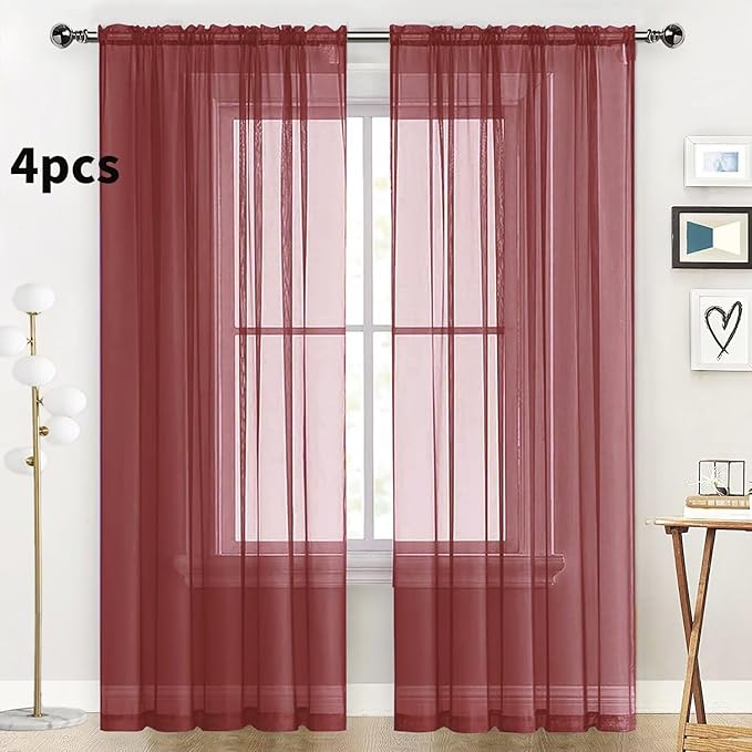 SpaceDresser Burgundy Sheer Curtains 4 Panels Rod Pocket Semi-Sheer Curtain 45 - Image 2