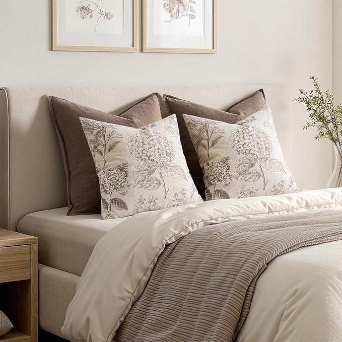 Set of 2 Decorative Floral Pillow Covers 22x22 Inch Light Camel | Neutral - Image 6