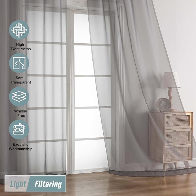 Grey Sheer Curtains 84 Inches Long 2 Panels, Elegant Airy Transparent Light - Image 5