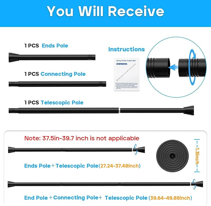 AIZESI Black Spring Tension Curtain Rods 28 to 48 Inch, Adjustable Curtain Rods - Image 2