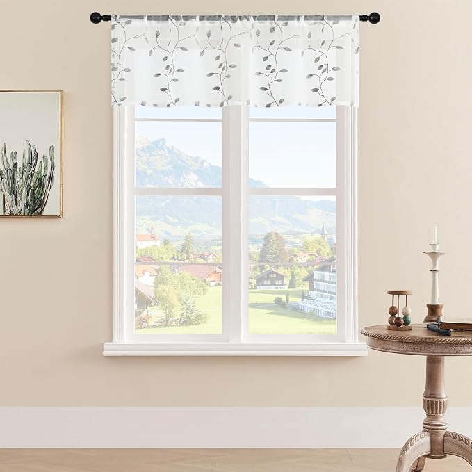MRTREES Sheer Voile Curtain Valances 2 Panels, Leaves Embroidered Valance by MRTREES