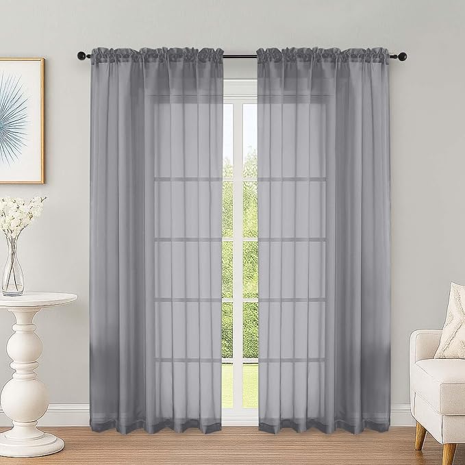 OWENIE Grey Sheer Curtains 72 Inches Long 2 Panels Set, Transparent Voile Sheer by OWENIE