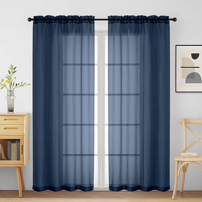Navy Blue Sheer Curtains for Window 72 inches Long 2 Panels Set, Soft Airy by Home