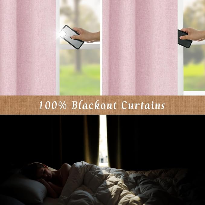 Pink 100% Blackout Linen Curtains 84 Inch - Image 3