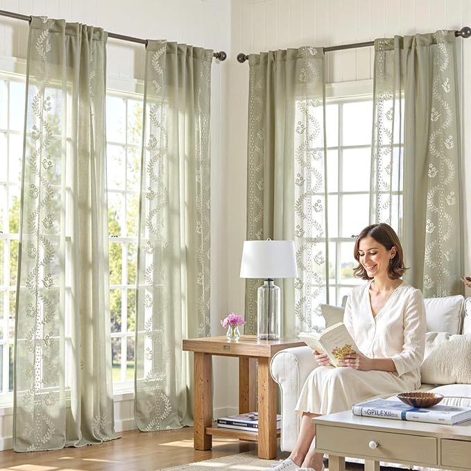 jinchan Belrose Sage Green Floral Sheer Curtains - Image 4