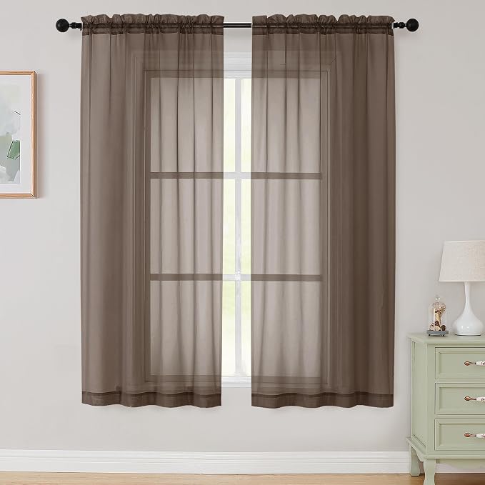 Sheer Chocolate Curtains for Bedroom Living Room 63 Inch Length 2 Panels by WelvetBLK