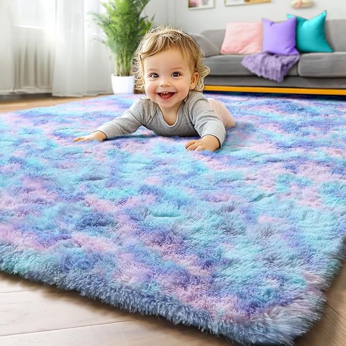 ONASAR Fluffy Area Rugs for Girls Bedroom, 4x6 Purple Rainbow Bedside Rug - Image 9