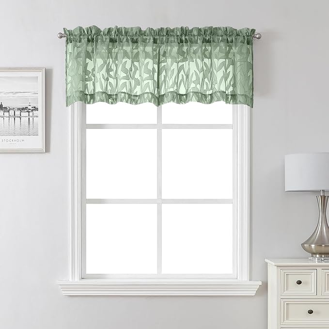 Lecloud Leia Sage Green Sheer Curtains 16 Inch Length 2 Pcs, Jacquard Leaf by Lecloud