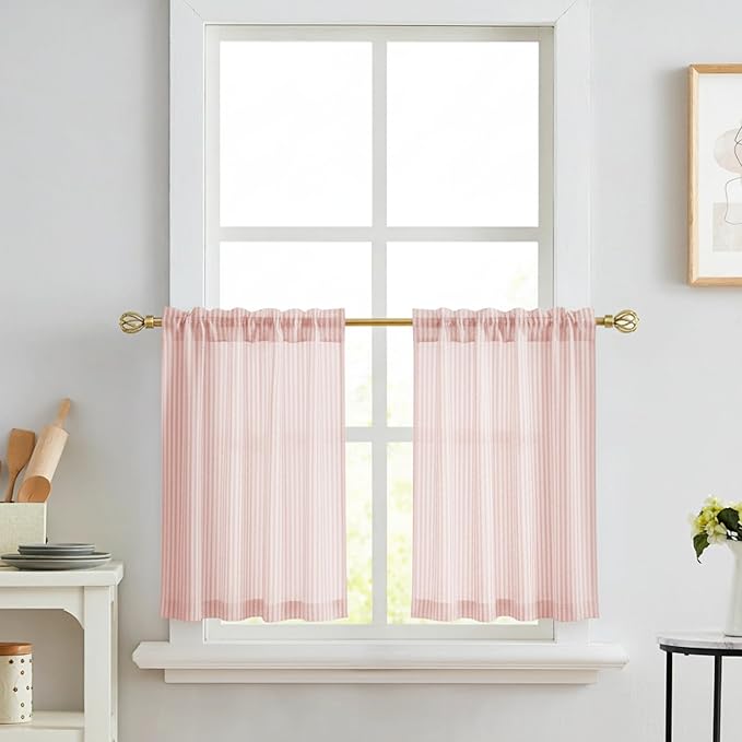 RYB HOME Linen Cafe Curtains 24 inch Length, Kitchen Farmhouse Striped Tier - Image 8