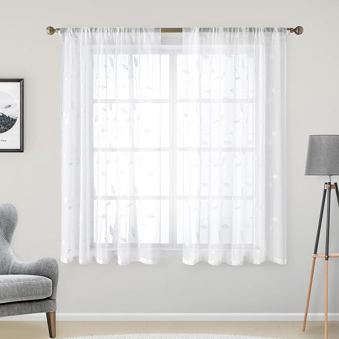 HOMEIDEAS White Sheer Kitchen Curtains 52 x 54 Inch Length 2 Panels Embroidered by HOMEIDEAS