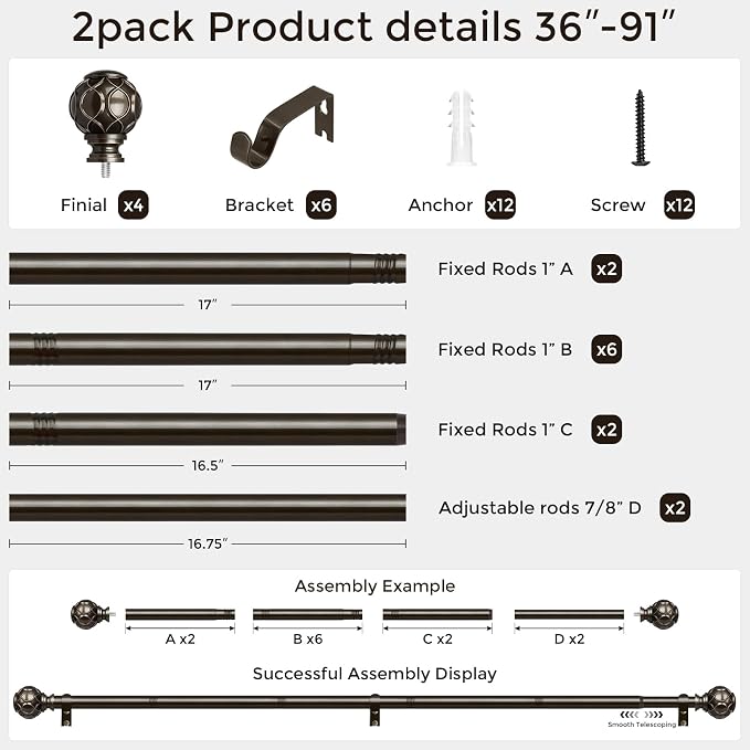 2 Pack Bronze Curtain Rod, Heavy Duty 1 Inch Decorative Curtain Rods - Image 5