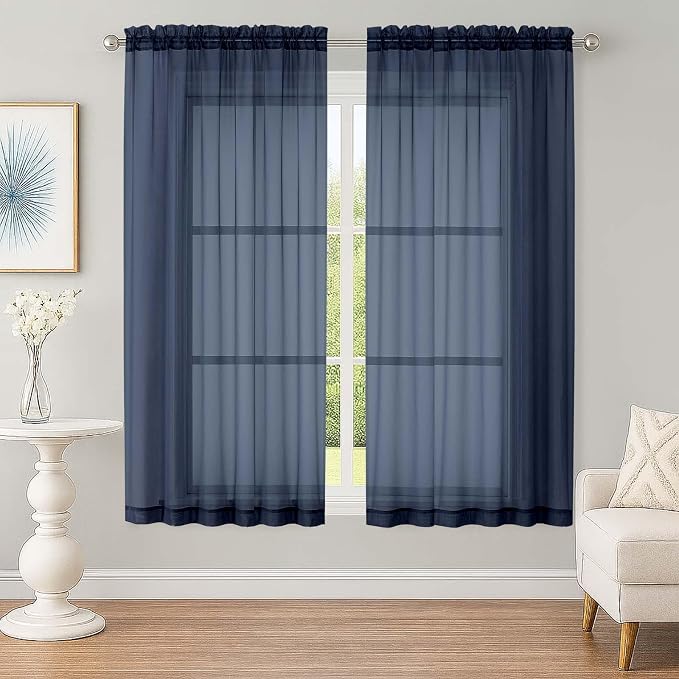 OWENIE Sheer Navy Blue Curtains, Sheer Curtains 63 inch Length 2 Panels Set by OWENIE