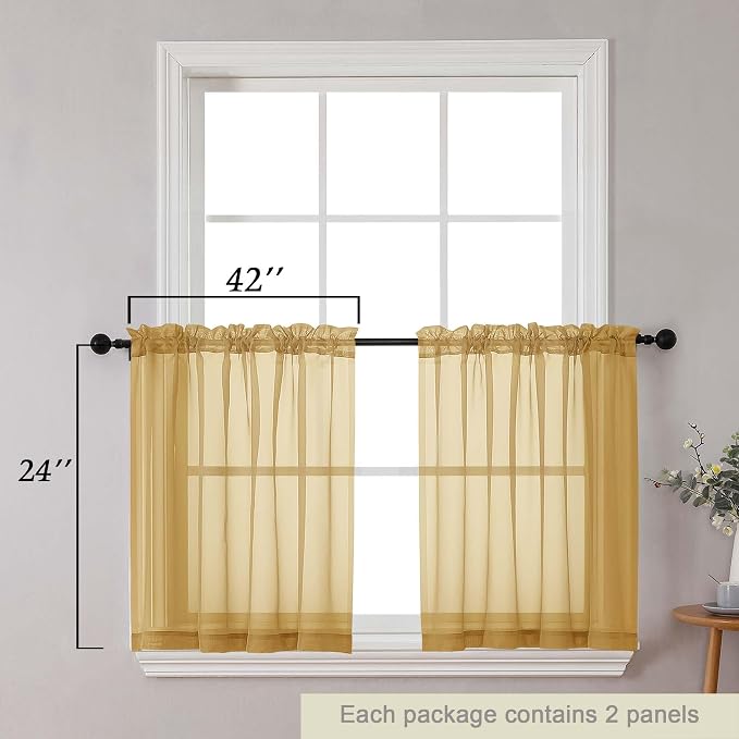 Kitchen Curtains 24 Inch Length Tier 2 Pieces, Cafe Bathroom Basement Rod - Image 2