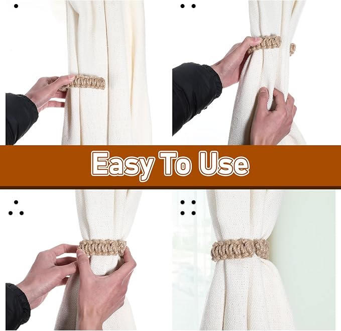 Ptwola 4 Pack Braided Curtain Tiebacks Boho Elegant Rustic Curtain Holdbacks - Image 6