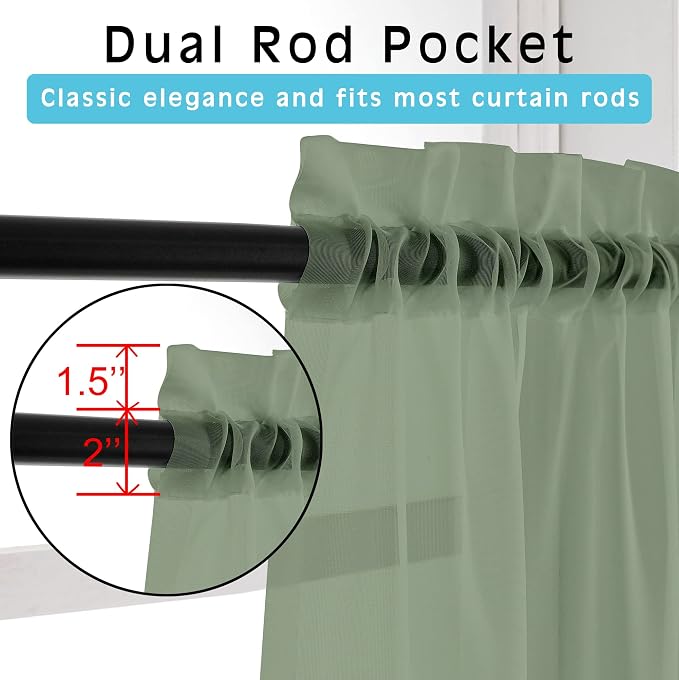 OWENIE Sage Green Sheer Curtains 36 Inches 2 Panels Set - Image 2