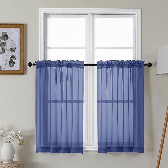 Gwine Royal Blue Sheer Kitchen Curtains 36 Inch Length, Light Filtering Voile by Gwine