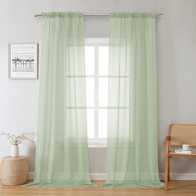 Lecloud Light Green Sheer Curtains 96 Inches Long 2 Panels, Modern Light by Lecloud