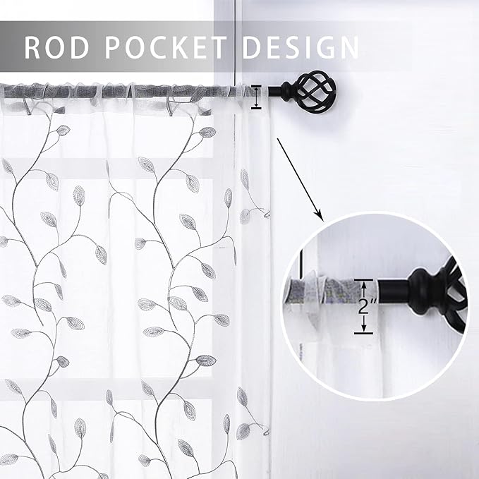 MRTREES Sheer Voile Curtain Valances 2 Panels, Leaves Embroidered Valance - Image 2