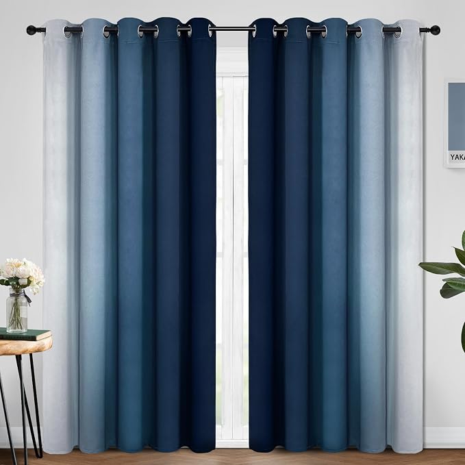 Yakamok Blue and Greyish White Ombre Curtains, Room Darkening Gradient Color - Image 2