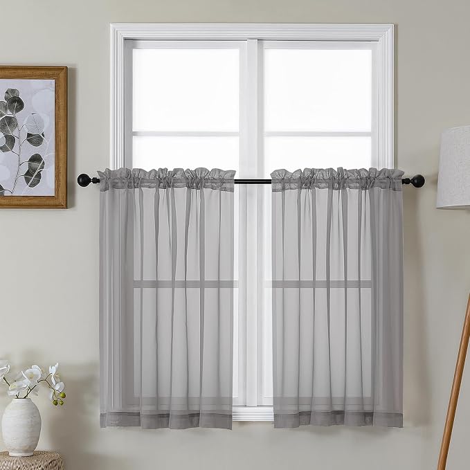 Gwine Charcoal Grey Sheer Kitchen Curtains 36 Inch Length, Light Filtering by Gwine