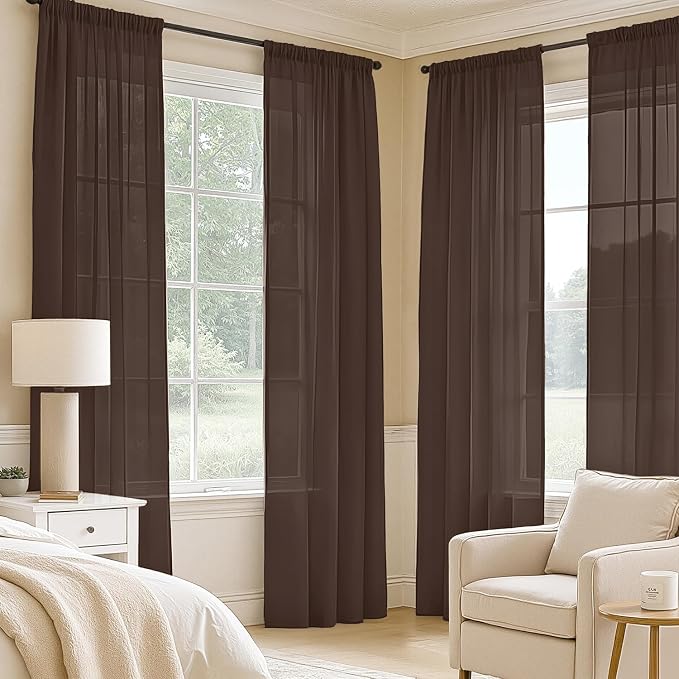 MIULEE Chocolate Sheer Curtains 108 Inches Long 4 Panels 42 x 108 Inches | - Image 2