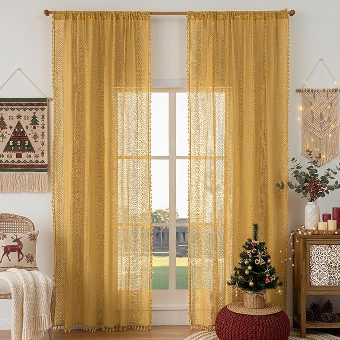 WAZZIO Boho Lace Curtains 108 Inches 2 Panel, Light Filtering Privacy Tassel & by WAZZIO