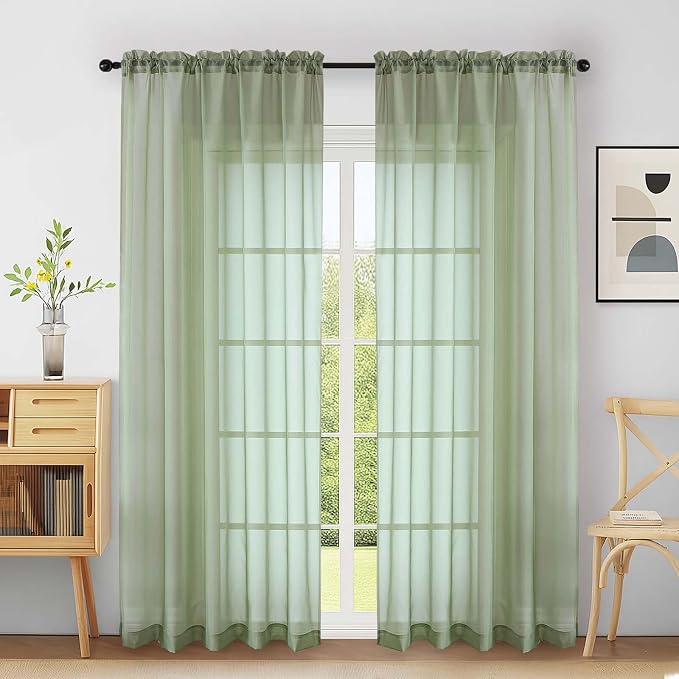 Extra Wide Sage Green Sheer Curtains 90 Inches Long 2 Panels, Light Filtering by Home