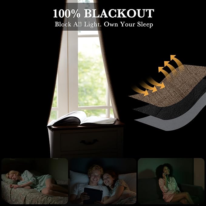 RYB HOME Coffee 100% Blackout Linen Curtains 72 inch Long, Thermal Insulated & - Image 3