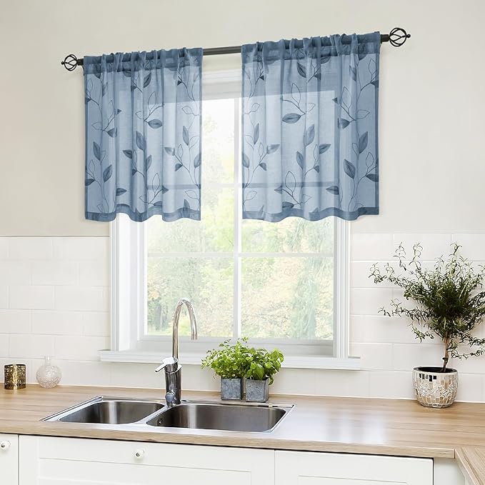 HOMEIDEAS Stone Blue Sheer Kitchen Curtains 30 X 24 Inch Length 2 Panels by HOMEIDEAS