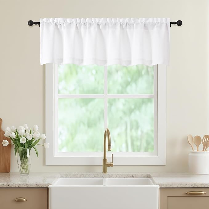 White Valances for Windows, Light Filtering Faux Linen Textured Small Short by WelvetBLK