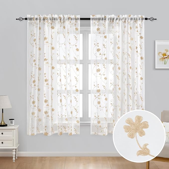 HOMEIDEAS Yellow Sheer Curtains 63 Inch Length 2 Panels Yellow and White - Image 2