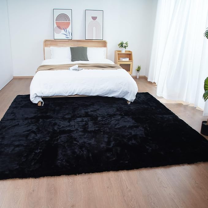 Ghouse Black Faux Rabbit Fur Area Rug 6x9 Machine Washable Area Rugs by Ghouse