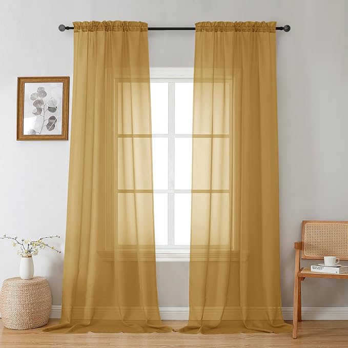 Gwine Gold Sheer Curtains 96 Inches Long 2 Panels, Elegant Window Treatments by Gwine