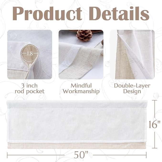 jinchan Linen Valance for Window Embroidered Farmhouse Light Filtering Voile - Image 8