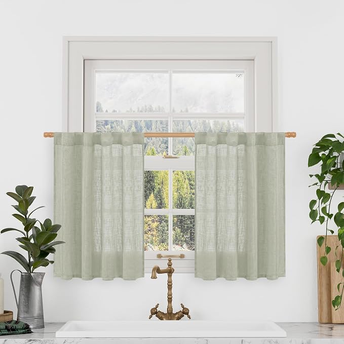 LAMIT Sage Grey Linen Kitchen Curtains 30 Inch Length, Semi Sheer Light by LAMIT