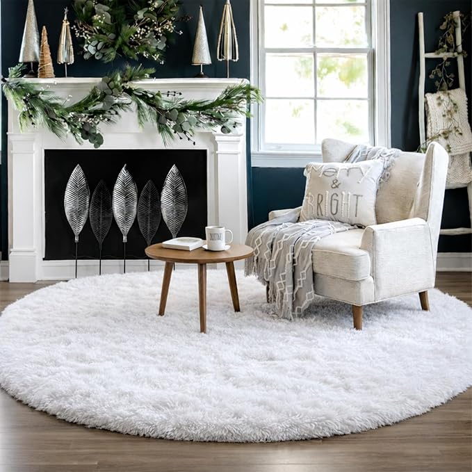 Amdrebio White Fluffy Round Rug 4Ft - Image 7